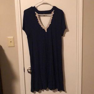 Navy Blue Dress with Lace Detail